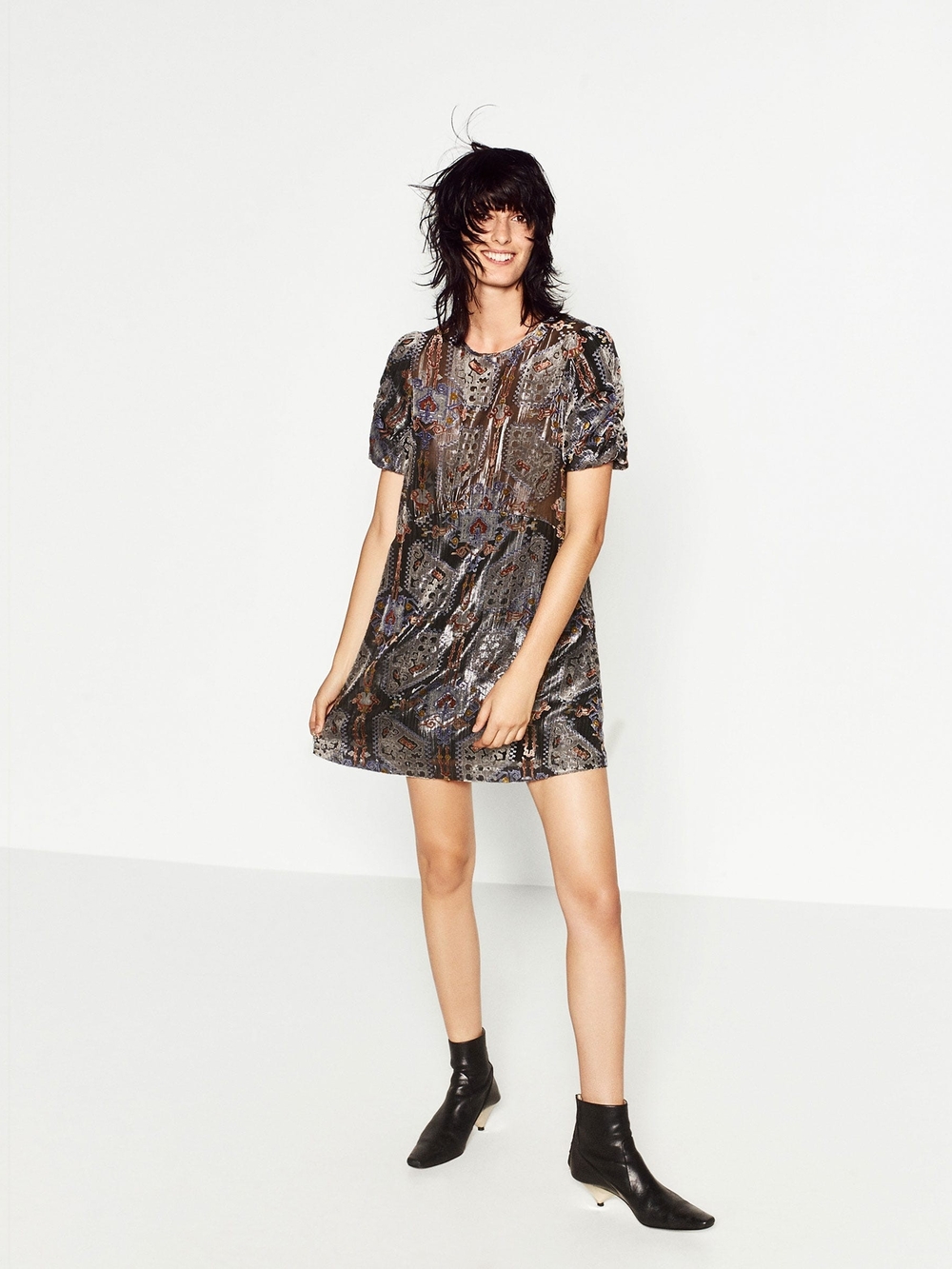 Zara Plisse Metallic Geometeic Mini Dress - Black, Silver & Copper